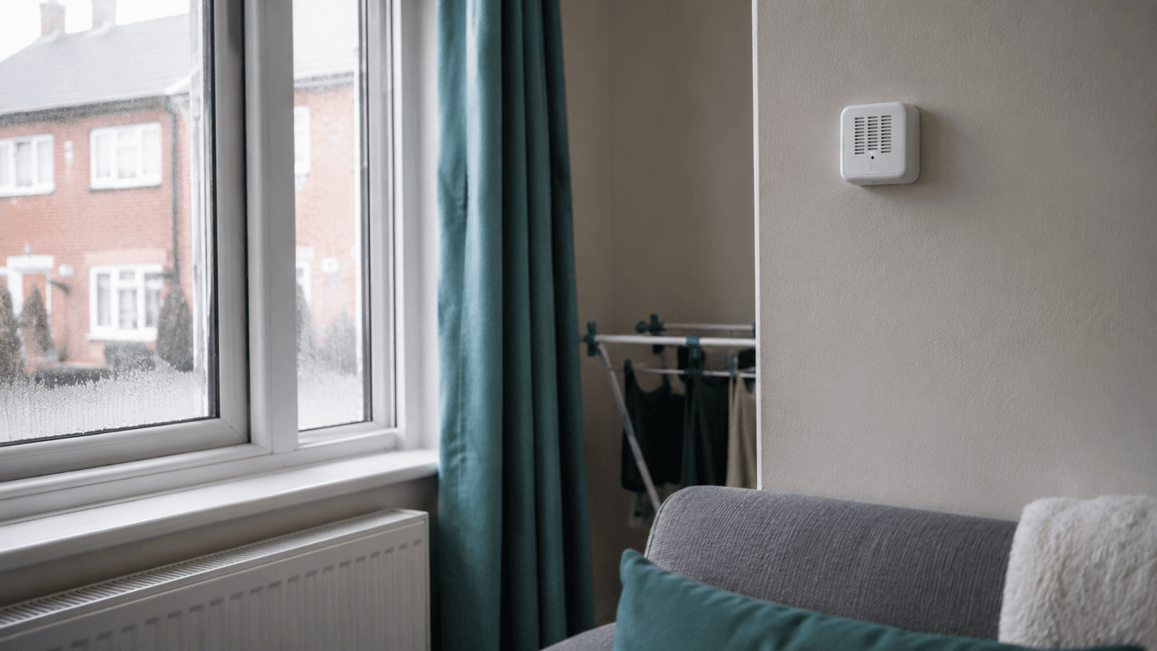 Aeroshi sensor installed in a managed home with window, radiator and drying context